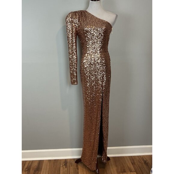 Bronx & Banco Gold Dress US Size 8 Sequin Jersey One Shoulder Goddess - Picture 1 of 16
